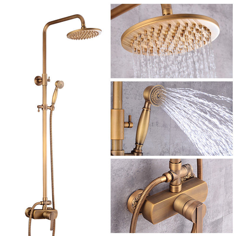 Antique gold bathroom wall mounted shower set round spray rain shower system