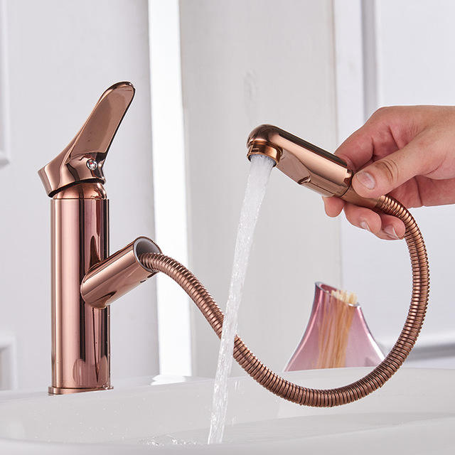 Bathroom Basin Faucet Brass Rose Gold Finish Pull-out Sink Mixer Faucet Cold & Hot Single Handle Deck Mounted Water Crane Faucet
