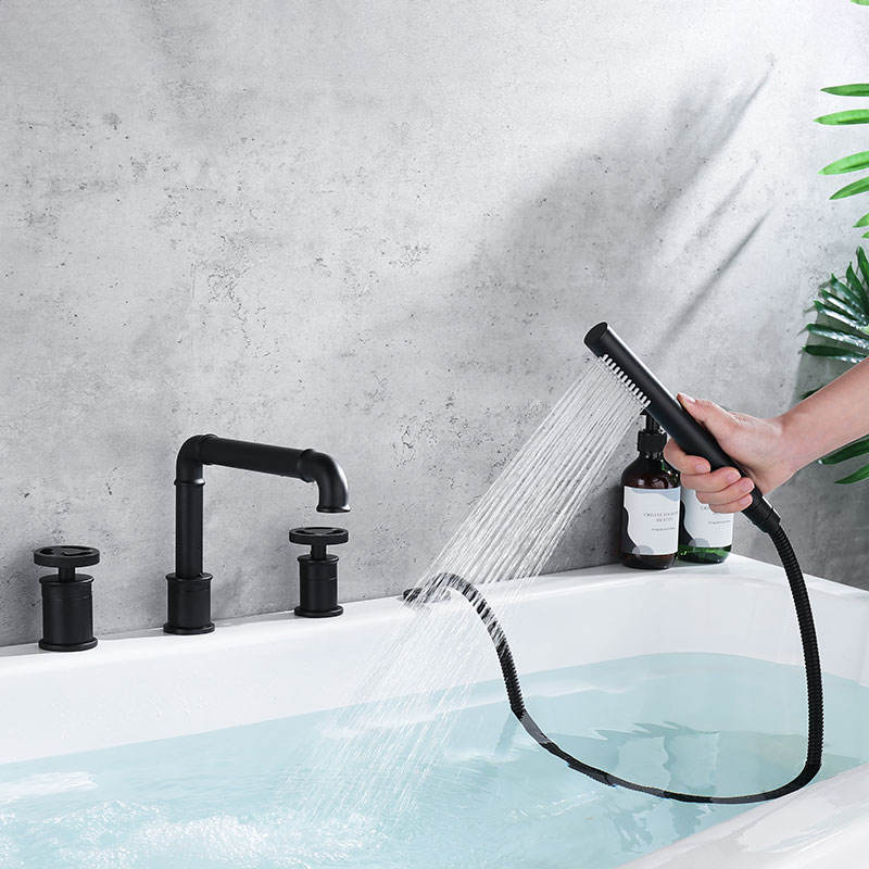 Industrial Tub Filler Faucet with Handheld Shower in Black