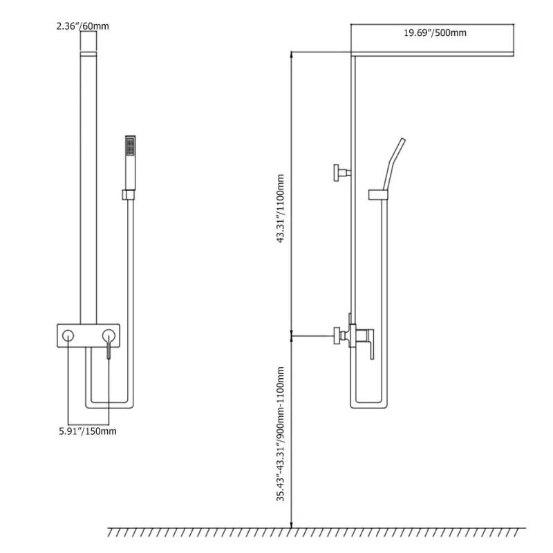 Exposed Shower Fixture with Rain Shower Head and Hand Shower