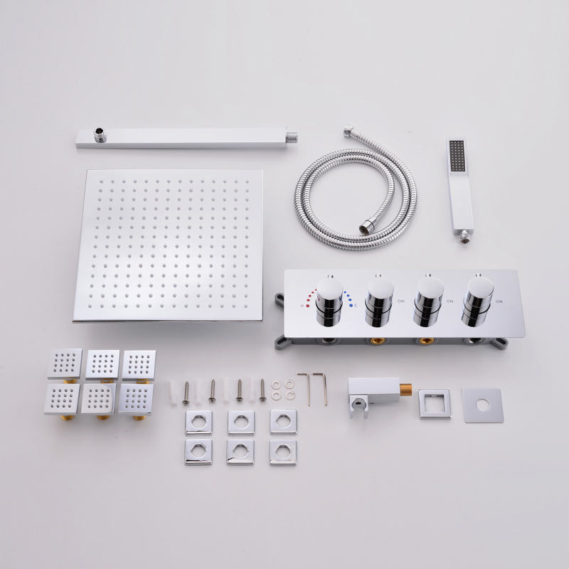 Wall Mounted Rainfall Showerhead Handheld Shower Set with Six Body Spray Jets Thermostatic Solid Brass