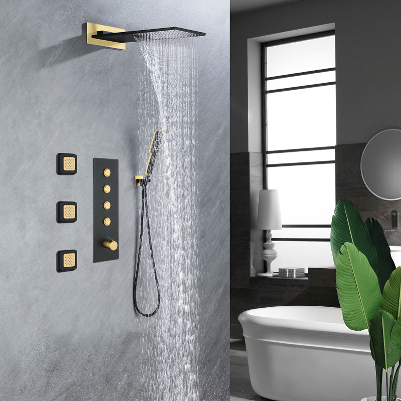 Push button thermostatic concealed shower set top spray waterfall shower side spray