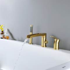 Waterfall Deck Mounted Tub Faucet With Handshower Brush Gold
