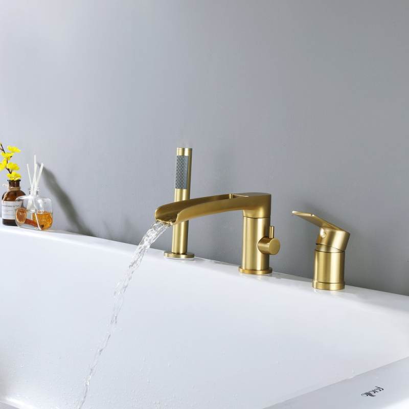 Waterfall Deck Mounted Tub Faucet With Handshower Brush Gold