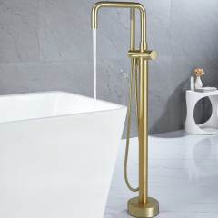 Freestanding Tub Faucet Floor Mounted Tub Filler with Handheld Shower Brushed Gold