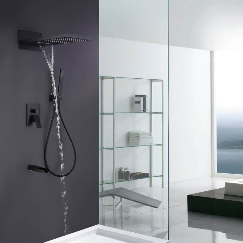 Wall Mounted Waterfall Rain Shower System Solid Brass with Handheld Shower Tub Spout