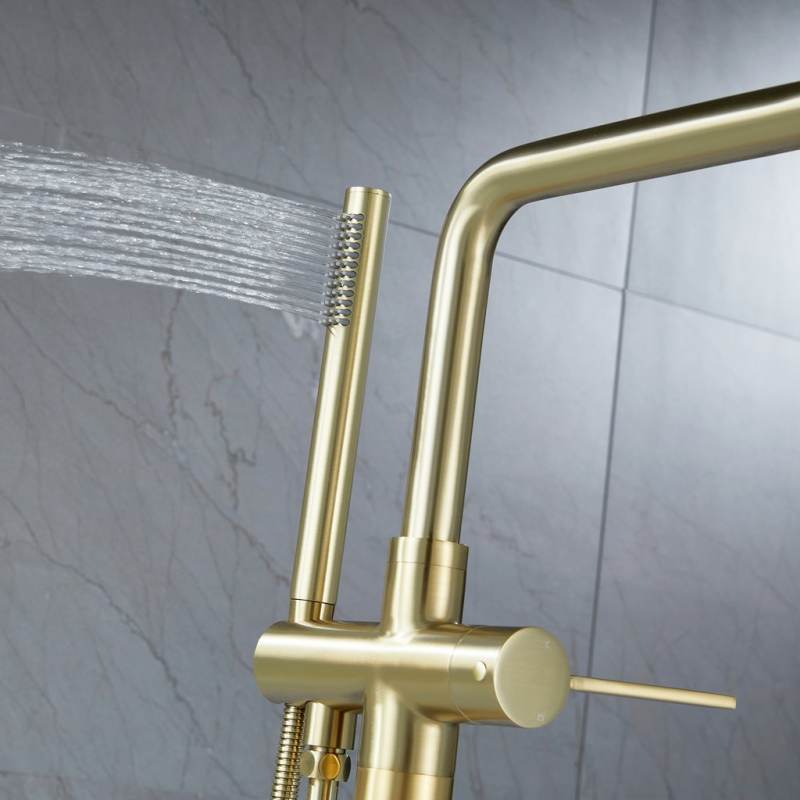 Freestanding Tub Faucet Floor Mounted Tub Filler with Handheld Shower Brushed Gold