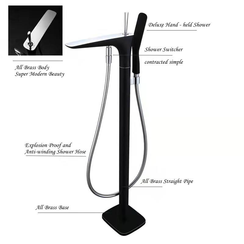 All copper silent black and white lacquered chrome cold hot water grounded bathtub faucet vertical grounded freestanding bathtub faucet