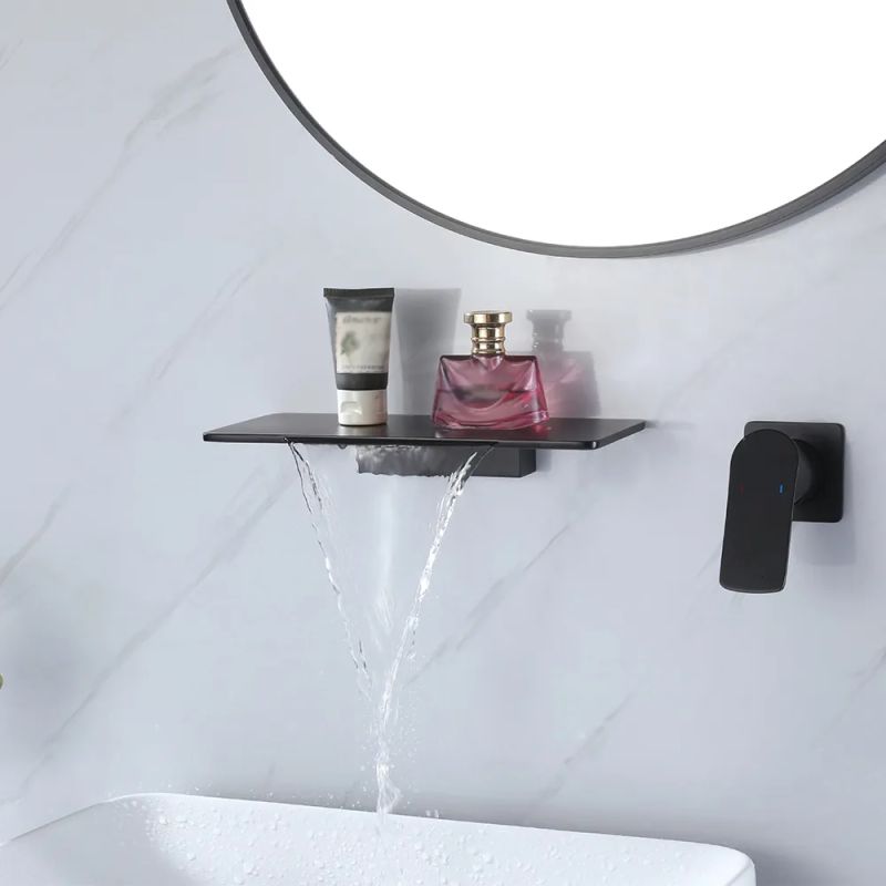 Waterfall Wall Mount  Single Handle Bathroom Sink Faucet Solid Brass Chrome/Black/Brushed Gold
