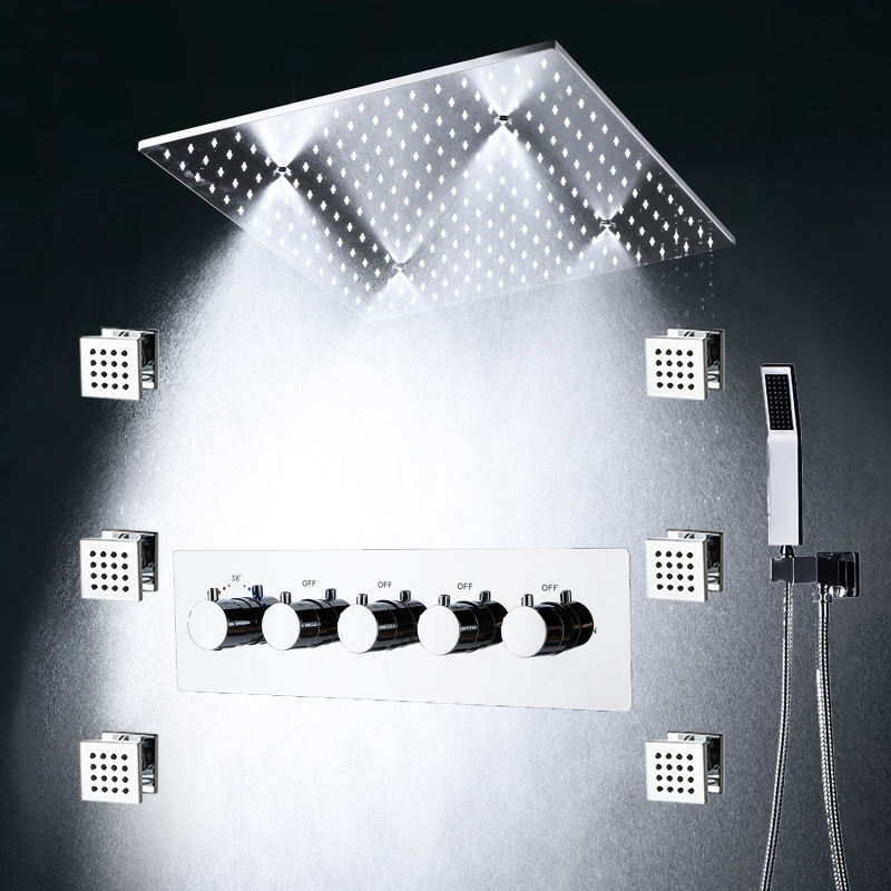 Matt black/Chrome massage rain shower LED shower panel bathtub rain shower faucet set thermostatic faucet with body jets