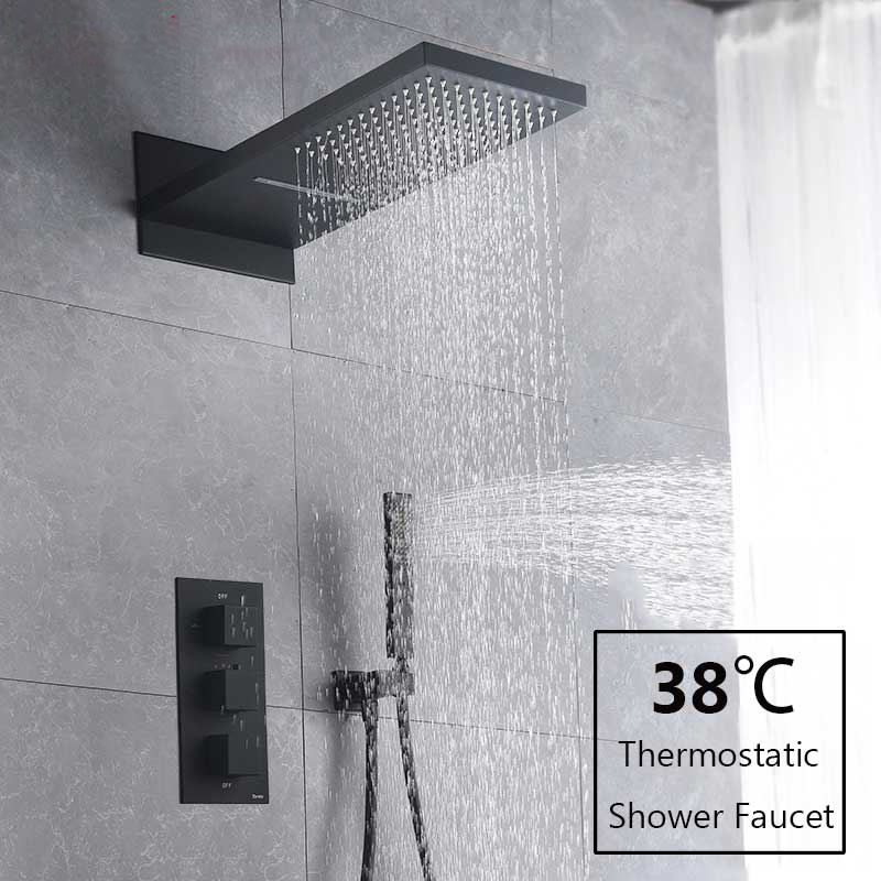 Black chrome plated thermostatic shower faucet set rainfall shower head with tee thermostatic faucet bathtub shower faucet