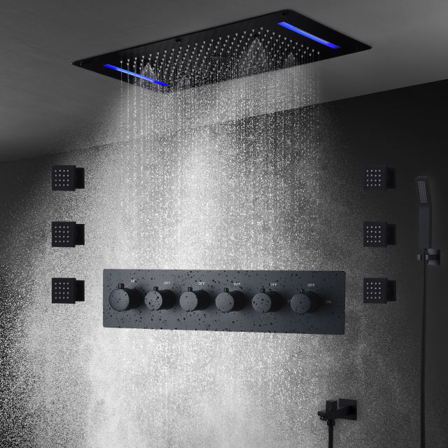 Wall-Mounted 380 x 700mm Shower Faucet System in Matte Black Rainfall 5 Functions