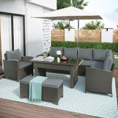 Patio Furniture Set; 6 Piece Outdoor Conversation Set; Dining Table Chair with Bench and Cushions