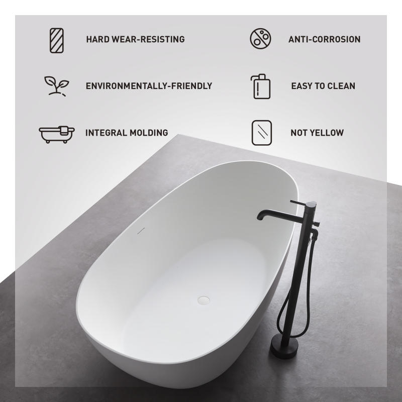 67 x 33.5 x 22.05 inch Flat bottom freestanding solid surface resin stone immersion bathtub soft white matte anti-skid