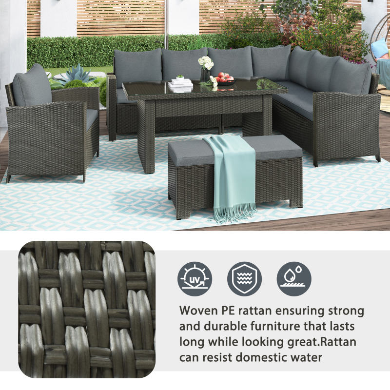 Patio Furniture Set; 6 Piece Outdoor Conversation Set; Dining Table Chair with Bench and Cushions
