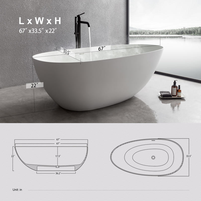 67 x 33.5 x 22.05 inch Flat bottom freestanding solid surface resin stone immersion bathtub soft white matte anti-skid