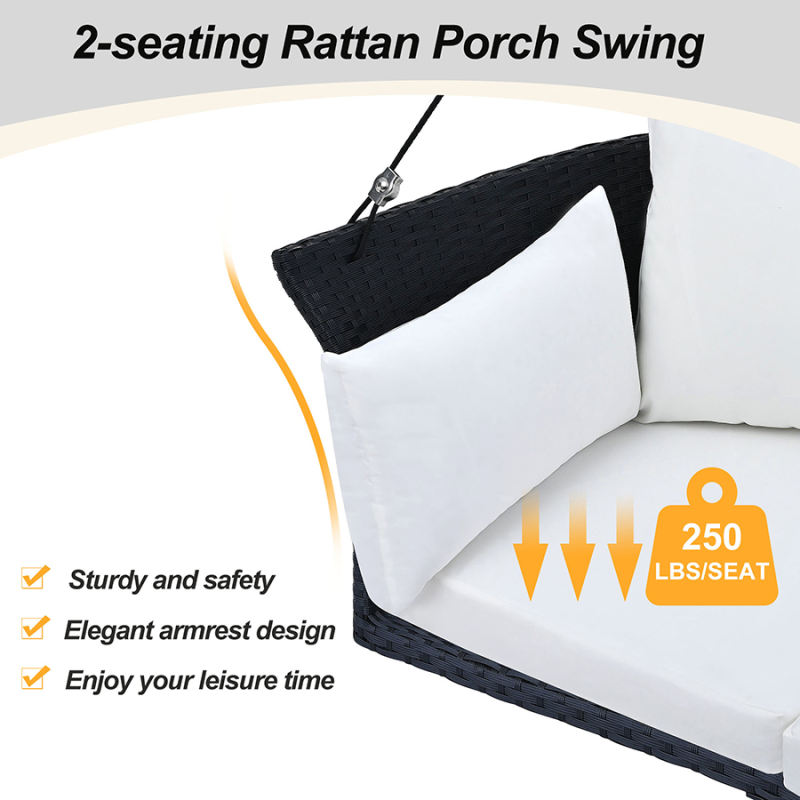 51.9 inch 2-Person Hanging Seat; Rattan Woven Swing Chair; Porch Swing With Ropes