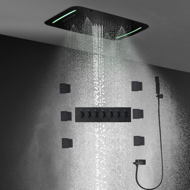 710X430mm / 28 X 17 Inch Matte Black LED Shower Set Massage Rainfall Waterfall Showerheads Bathroom 5functions Thermostatic Mixer Faucets With Side Sp