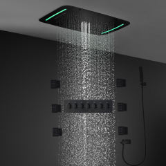 710X430mm / 28 X 17 Inch Matte Black LED Shower Set Massage Rainfall Waterfall Showerheads Bathroom 5functions Thermostatic Mixer Faucets With Side Sp