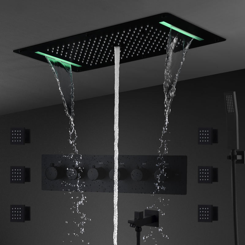Wall-Mounted 380 X 700MM Shower Faucet System in Matte black Rainfall 5 Functions