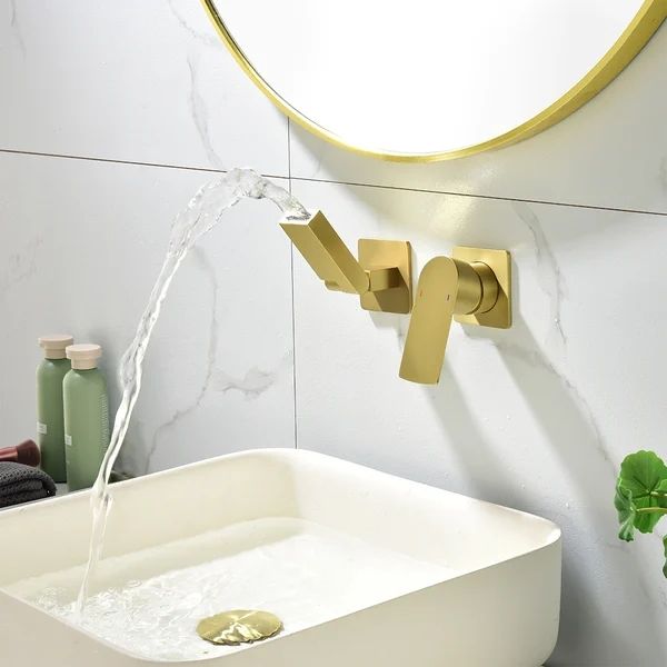 Wall Mounted Brushed Gold Waterfall Bathroom Sink Faucet with Swirling Spout