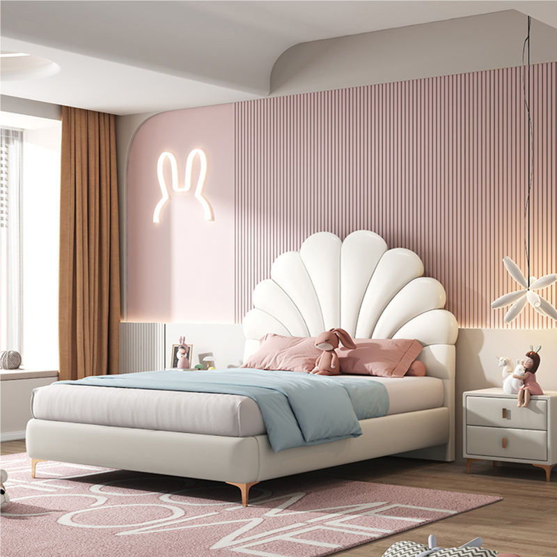 Bed Frame with Petal Shaped Headboard, Modern Upholstered Leather Platform Bed with Wood Slat Support for Kids' Room