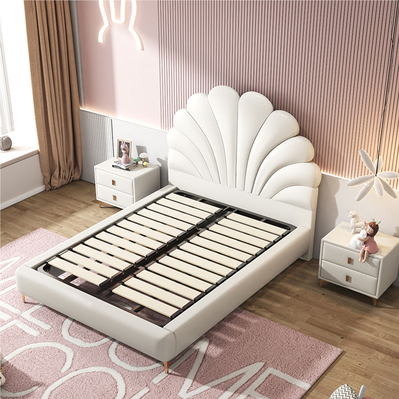 Bed Frame with Petal Shaped Headboard, Modern Upholstered Leather Platform Bed with Wood Slat Support for Kids' Room