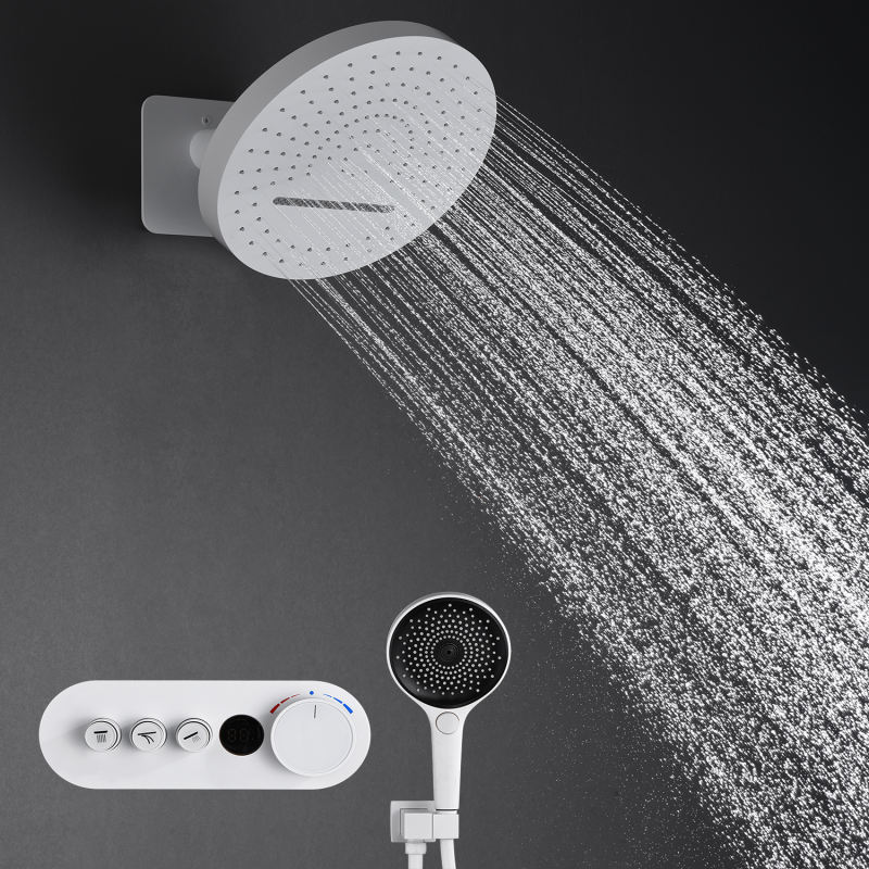 Wall-mounted Thermostatic Shower Faucet System with LED Digital Display - White