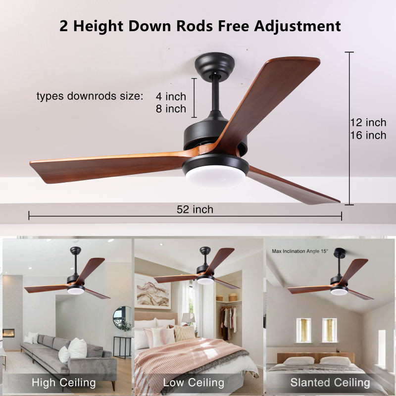 52" Ceiling Fans with Light, Wood Ceiling Fans with 3 Blade and Down Rod, Remote Control, 6 Speed DC Motor, Indoor Outdoor Ceiling Fan for Patio, Living Room, Bedroom, Office.