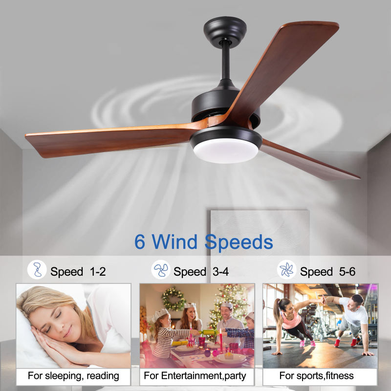 52" Ceiling Fans with Light, Wood Ceiling Fans with 3 Blade and Down Rod, Remote Control, 6 Speed DC Motor, Indoor Outdoor Ceiling Fan for Patio, Living Room, Bedroom, Office.