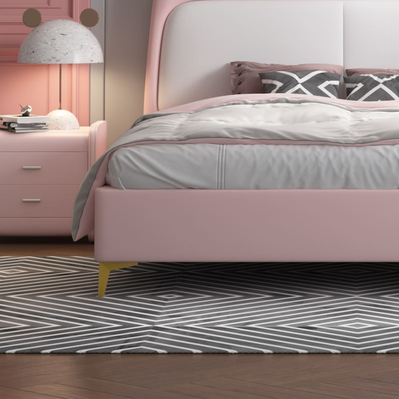 Cute Platform Frame Upholstered Bed with Rabbit Headboard PU Leather Platform Bed Frame.Designed for Baby Safety and Comfort, Children Love The Look