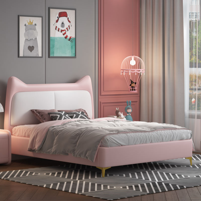 Cute Platform Frame Upholstered Bed with Rabbit Headboard PU Leather Platform Bed Frame.Designed for Baby Safety and Comfort, Children Love The Look