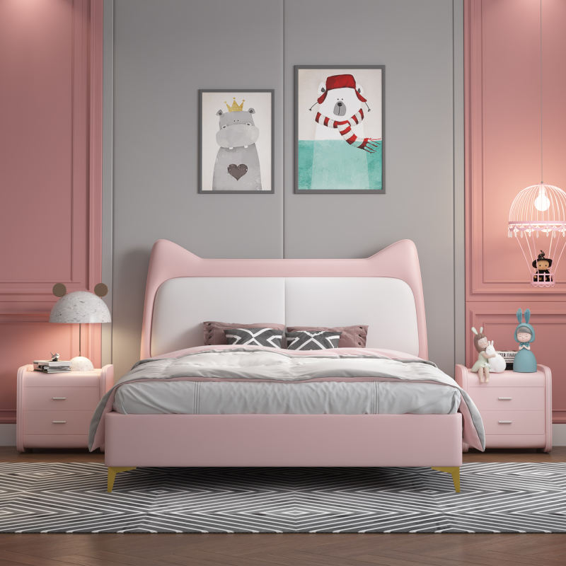 Cute Platform Frame Upholstered Bed with Rabbit Headboard PU Leather Platform Bed Frame.Designed for Baby Safety and Comfort, Children Love The Look