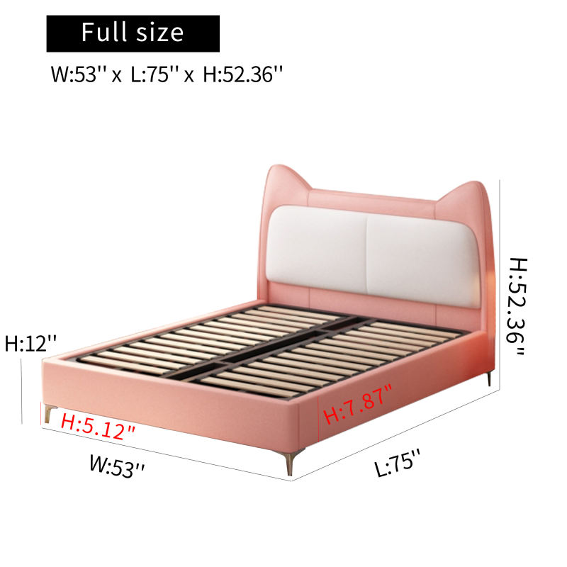 Cute Platform Frame Upholstered Bed with Rabbit Headboard PU Leather Platform Bed Frame.Designed for Baby Safety and Comfort, Children Love The Look