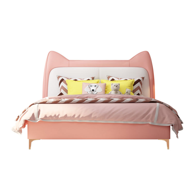 Cute Platform Frame Upholstered Bed with Rabbit Headboard PU Leather Platform Bed Frame.Designed for Baby Safety and Comfort, Children Love The Look