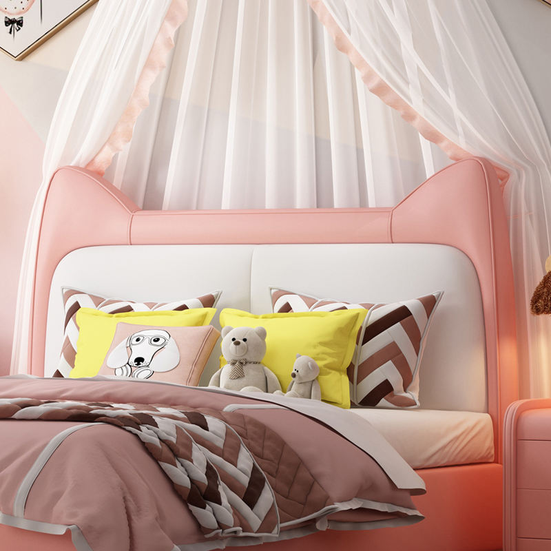 Cute Platform Frame Upholstered Bed with Rabbit Headboard PU Leather Platform Bed Frame.Designed for Baby Safety and Comfort, Children Love The Look