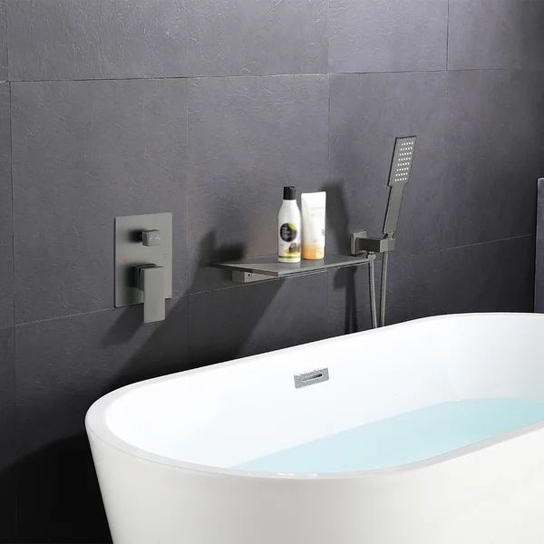 Waterfall Wall Mounted Tub Faucet with Handheld shower Modern Single Handle Tub Filler Solid Brass