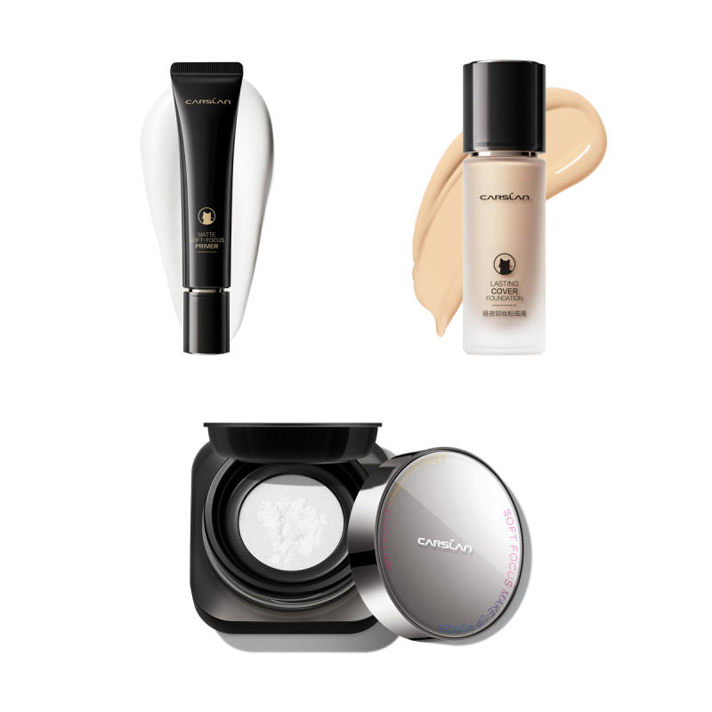 Bundle for Face: Poreless Face Primer for Foundation Makeup; Lasting Cover Foundation, 24H Longlasting Full Coverage Matte Finish Face Makeup; Waterproof Loose Setting Powder with Puff, Matte, Oil Control