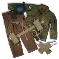 WW2 BRITISH ARMY EQUIPMENT P37 DERNISON JACKET AND PANTS WITH KETTLE AND UK MK2 HELMET
