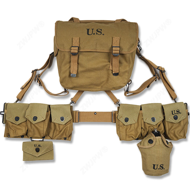 WW2 US ARMY EQUIPMENT M36 BAG BELT FIRST AID KIT AND 0.8L KETTLE X- TYPE STRAPS SIX CELL POUCH