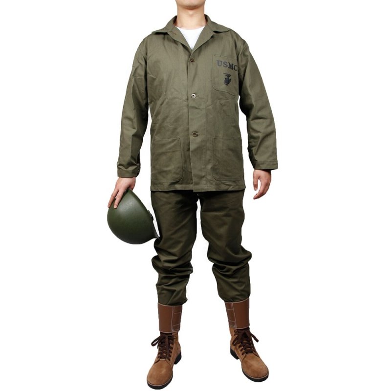 WWII US USMC HBT ARMY GREEN UNIFORME COAT AND PANTS tailored collar HIGH QUALITY REPLICA （no shoes，no Helmet）