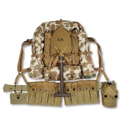 WW2 US ARMY EQUIPMENT CONBINATION USMC UPPER BACKPACK WITH STRAPS  T-TYPE SPADE  FIVE CELL POUCH ONE TENT AND ONE RAIN CAPE