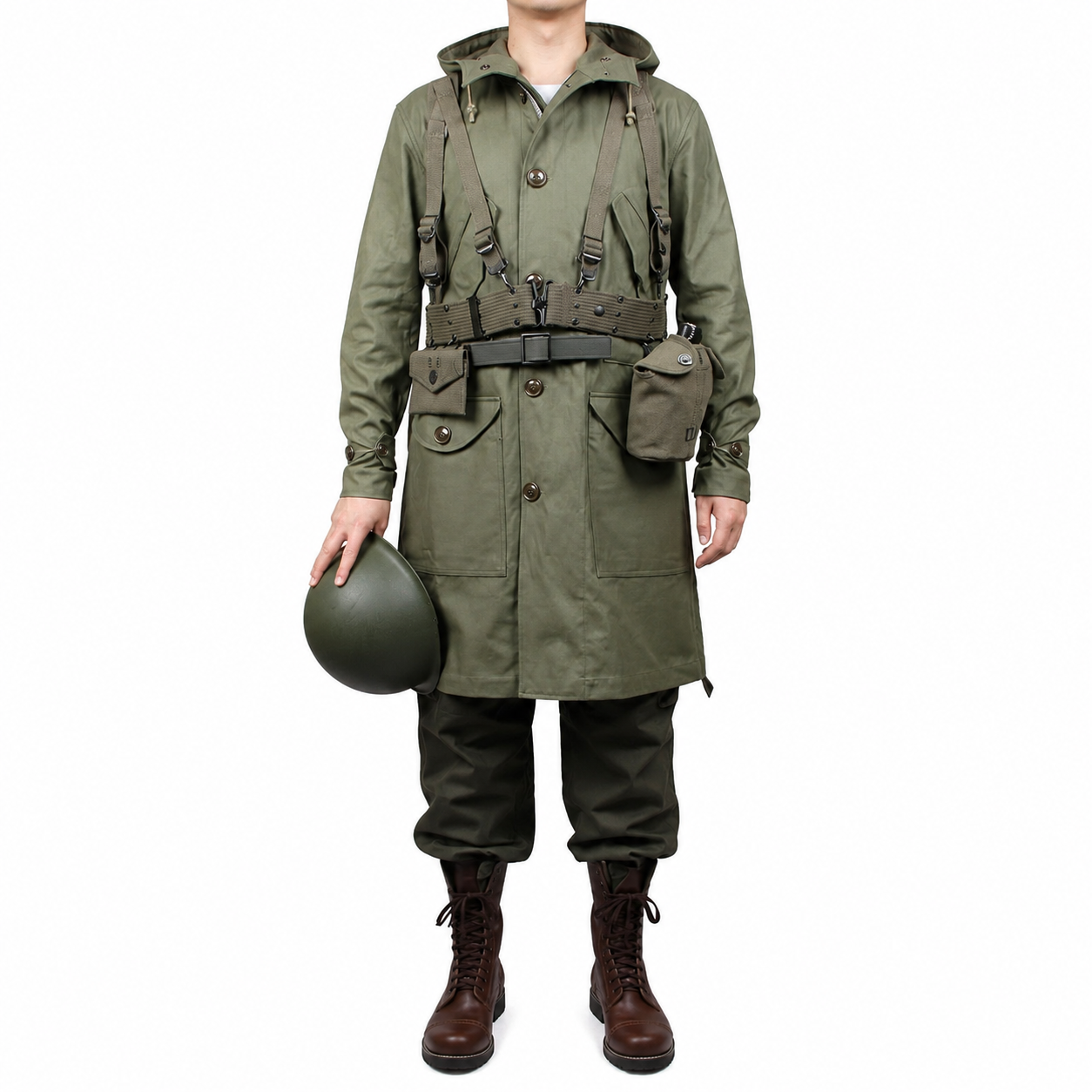 WW2 US MILITARY ARMY GREEN UNIFORM M47 COAT JACKET AND PANTS,and 1945 equipment combination(no helmet,no shooes)