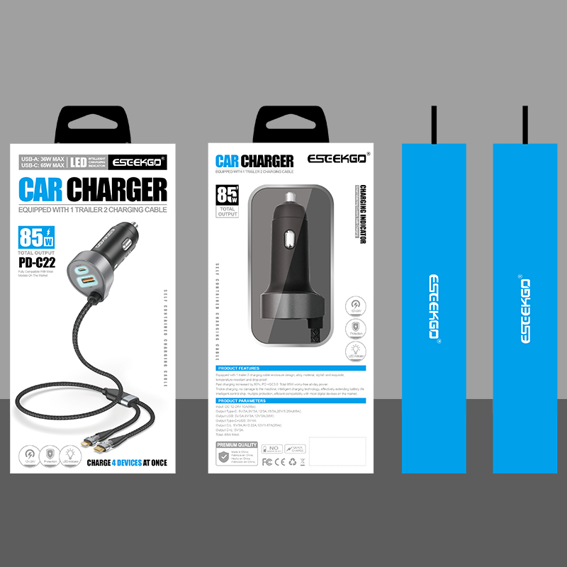 ESEEKGO PD-C22 1A1C QC3.0 36W+PD65W with 1 trailer 2 cables (C+L) Car Charger