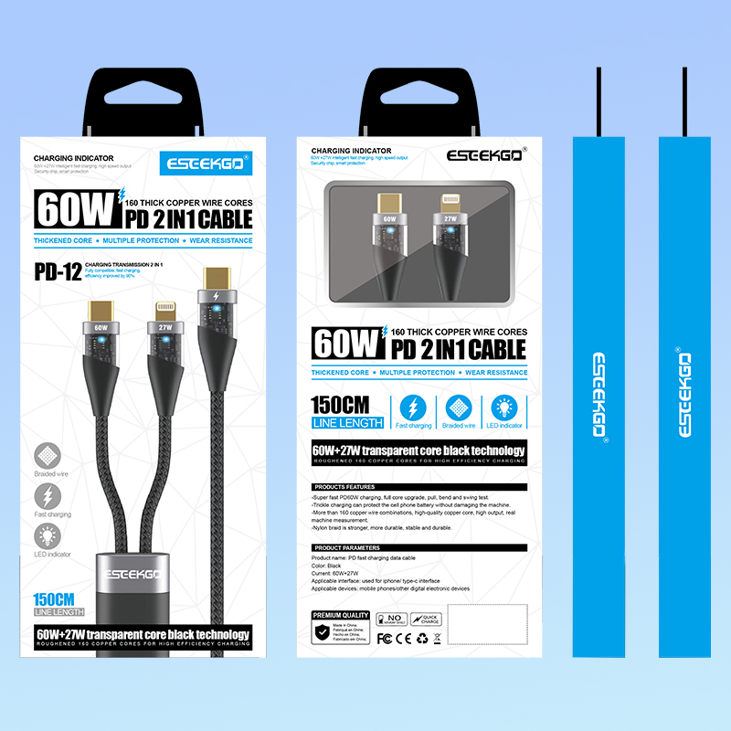 ESEEKGO PD-12 C-C+L 60W+27W PD 2-in-1 1.5M Braided Data Cable