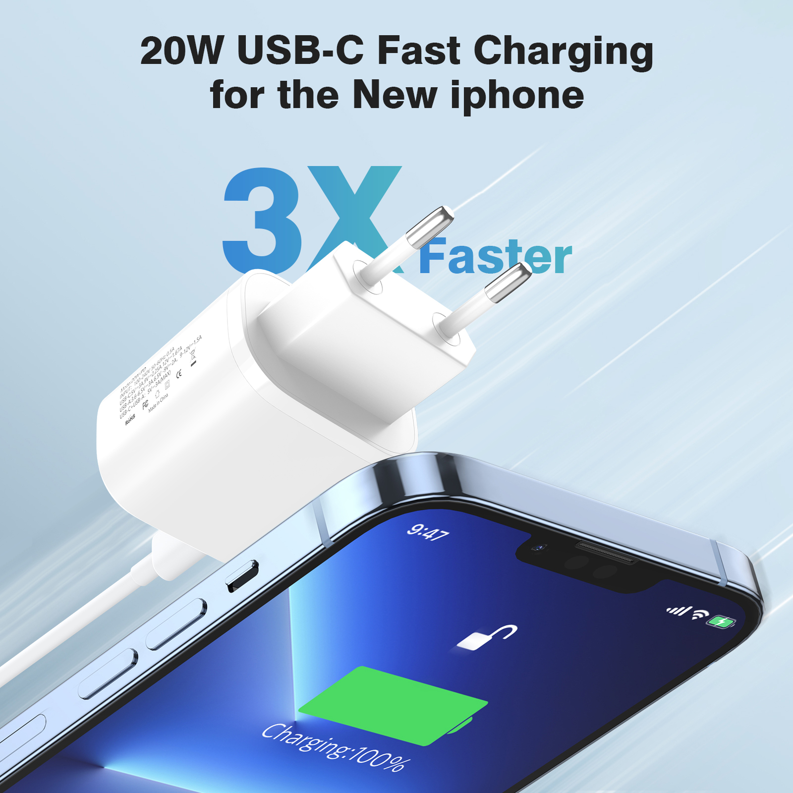 ESEEKGO ES-38EUC SET PD20W+QC3.0 Fast Wall Charger With 3.3FT USB C To USB-C Cable（2 Ports / EU）