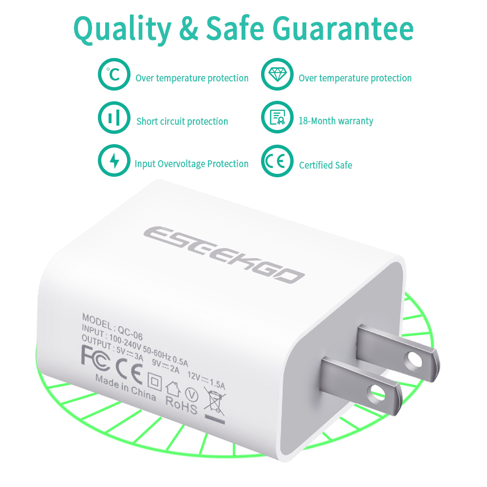 ESEEKGO QC-06 SET QC3.0 18W USB Travel Adapter With 3.3FT Micro / 8 pin / Type-C Charging Cable（18W / US）