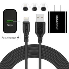 ESEEKGO QC-06 SET QC3.0 18W USB Travel Adapter With 3.3FT Micro / 8 pin / Type-C Charging Cable（18W / US）