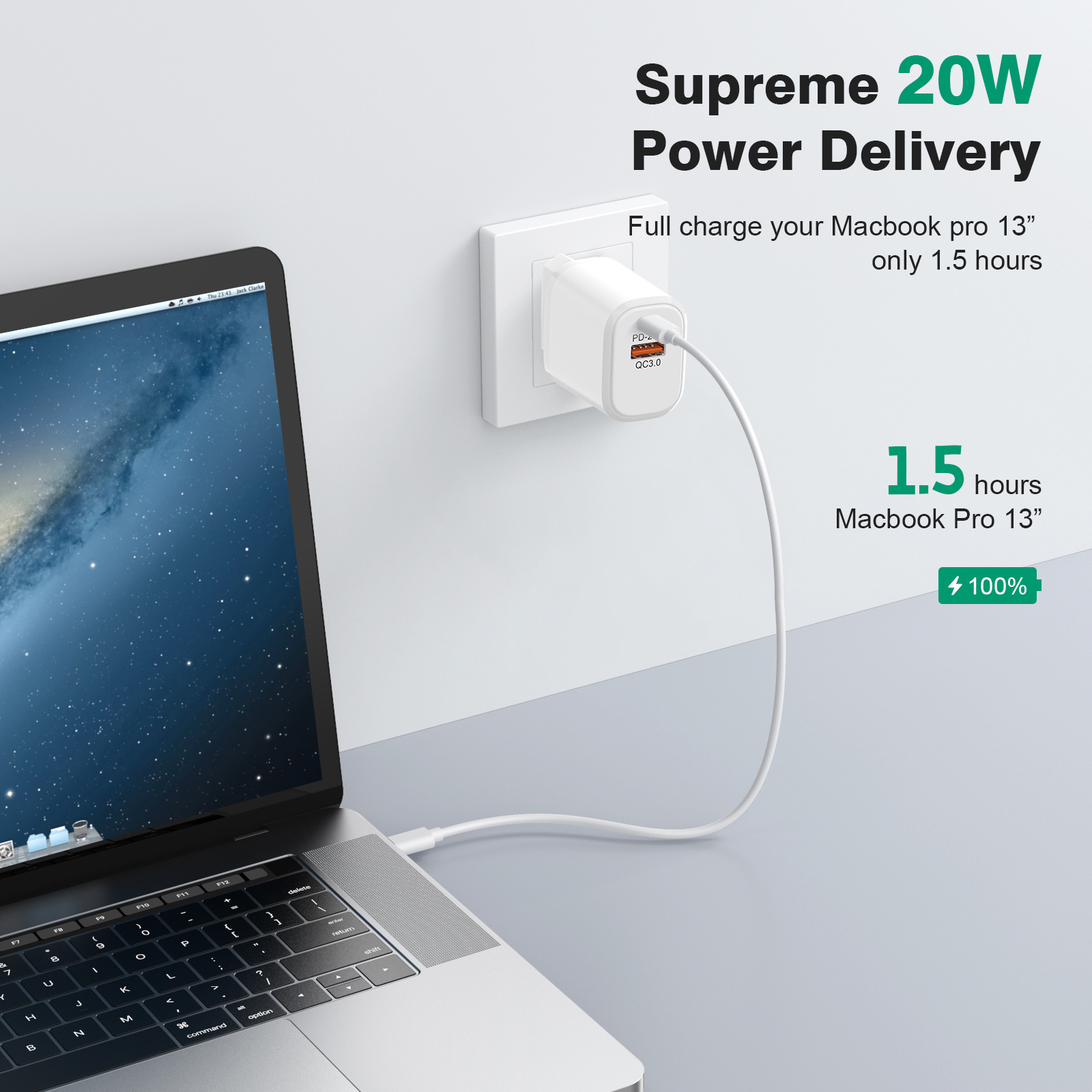 ESEEKGO ES-38EUC SET PD20W+QC3.0 Fast Wall Charger With 3.3FT USB C To USB-C Cable（2 Ports / EU）