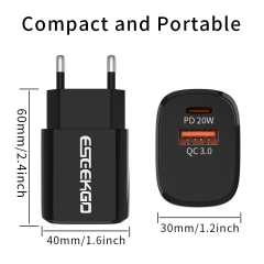 ESEEKGO ES38-EB PD20W+QC3.0 Fast Wall Charger（2 Ports / EU）